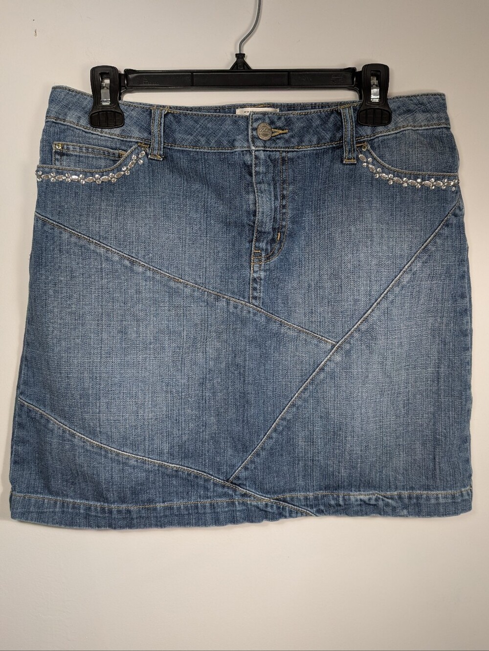 White House Black Market Blanc Women's Rhinestone Denim Mini Y2K Skirt Size 8